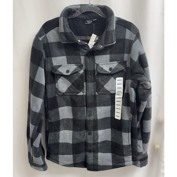 Member's Mark Men's Sherpa Lined Shacket Size Small Grey Buffalo Plaid - Picture 1 of 10